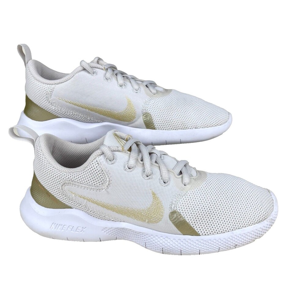 Nike Flex Experience Size 6.5W Wide White Gold Swoosh Sneakers Training Shoes